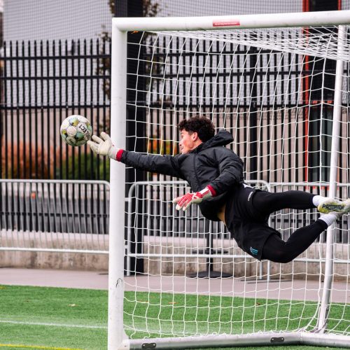 Goalkeeper preparing to make a save while wearing Fleur de Lis GK gloves.